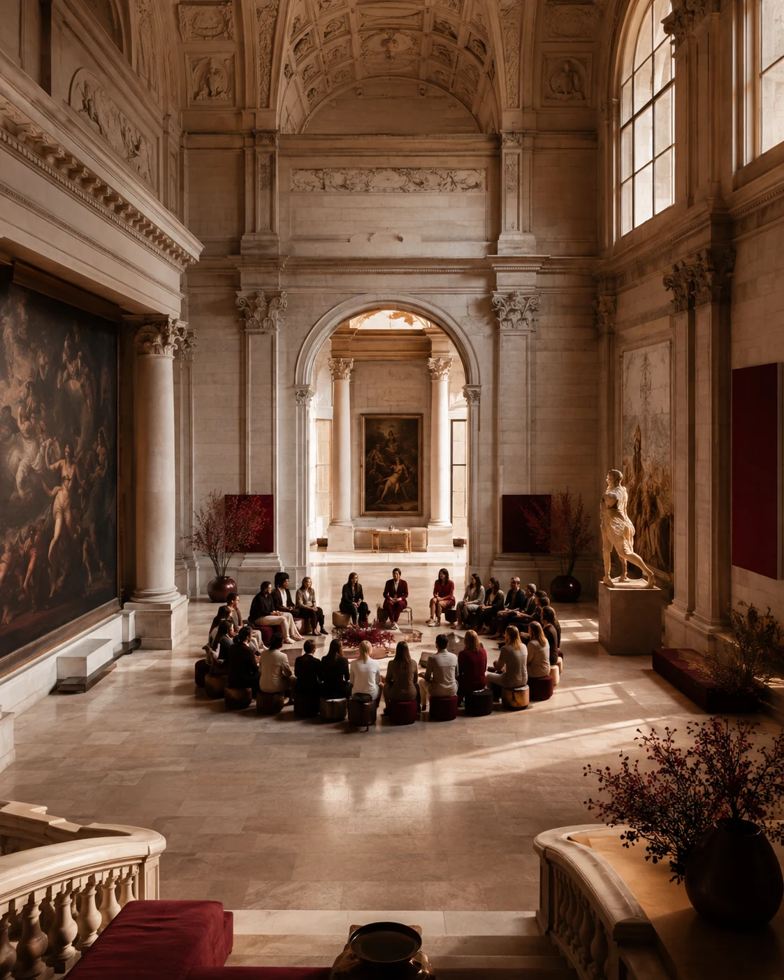 Concept visual of a facilitated circle within a sunlit museum gallery