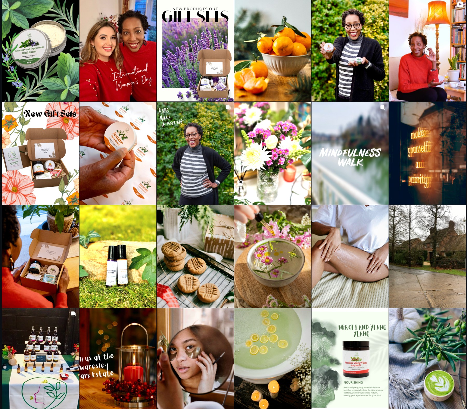 Evolved Natural Body Care by Ros Instagram grid with people, products and lifestyle content